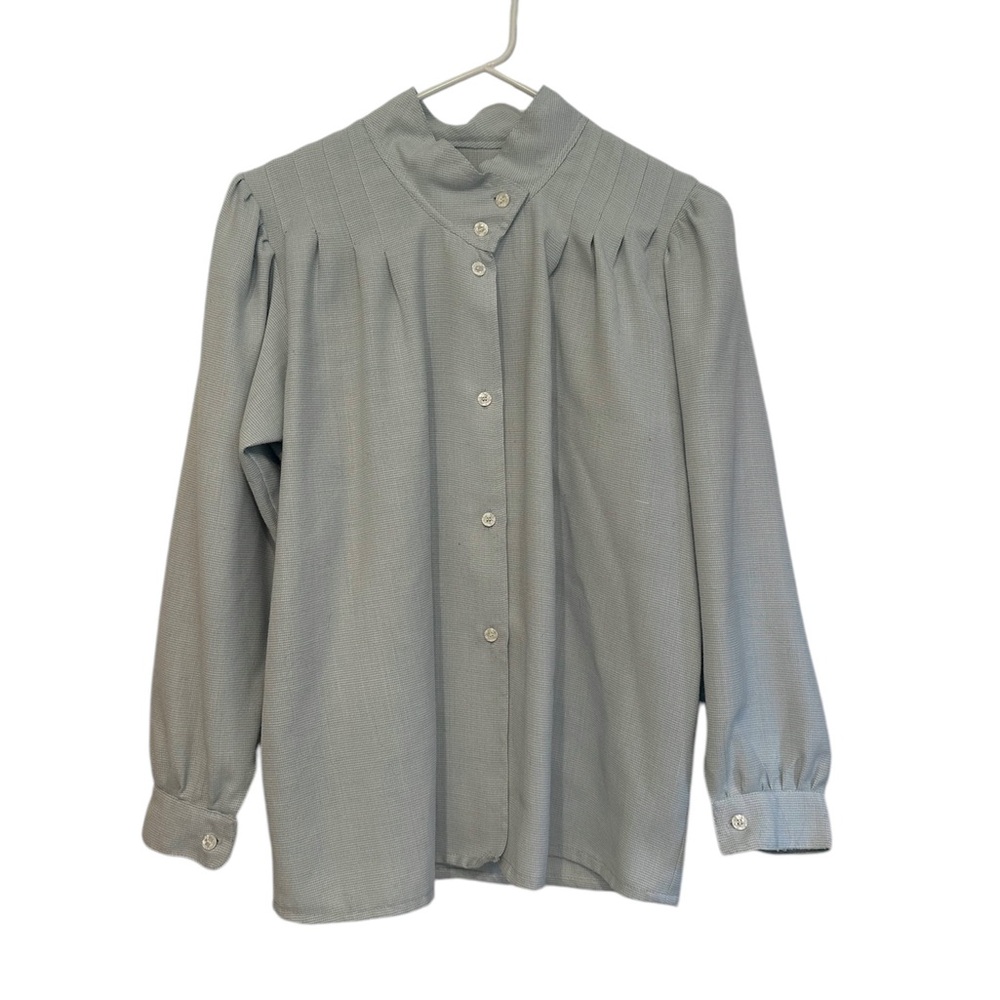 Vintage European Secretary Button Down Blouse With Puffy Sleeves light blue